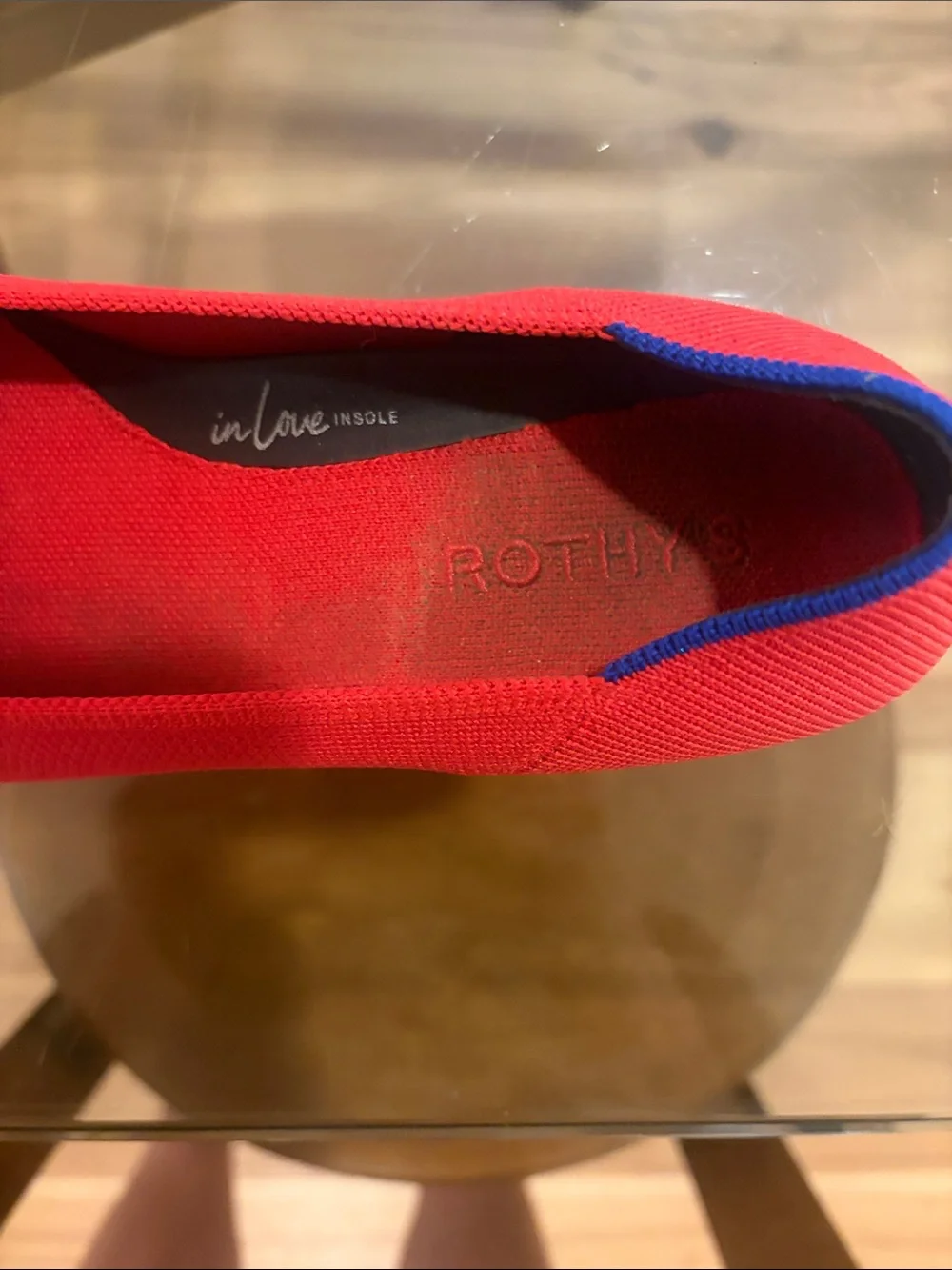 Rothy's Red Pointed Knit Flats with Blue Heel Trim